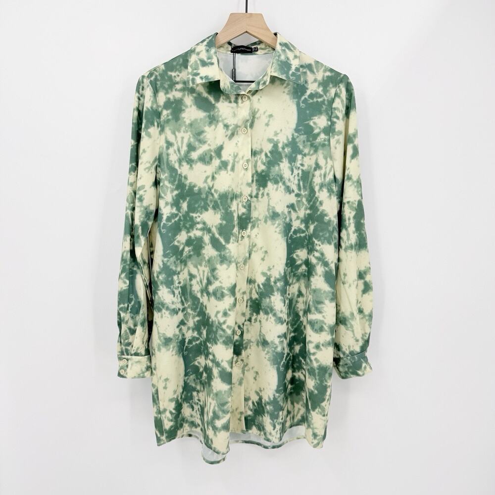 PrettyLittleThing Green Tie Dye Shirt Dress 6 Button Down Long Sleeve Streetwear